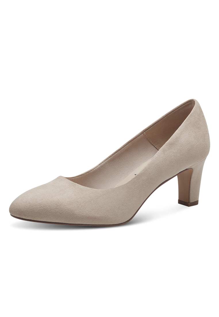 Tamaris Dirndlpumps Ivory in Beige, Seitenansicht, mit niedrigem Blockabsatz und spitz zulaufender Schuhspitze.