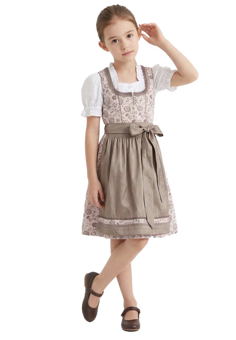 Bergweiss Kinderdirndl Beatrice, Frontansicht eines traditionellen Dirndls in Hellbraun mit Blumenmuster und weißer Bluse, anmutig gestaltet.