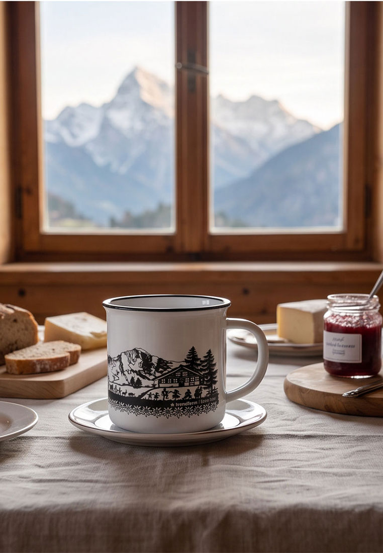 Trendform Keramik Tasse SWISS TRADITION in weiss mit schwarzem Rand, Frontansicht. Die Tasse zeigt eine detailreiche Alpenlandschaft-Silhouette.