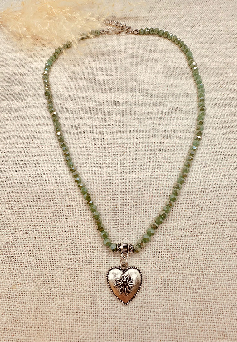Trachtenkette Kristall Herz mit Edelweiss grün