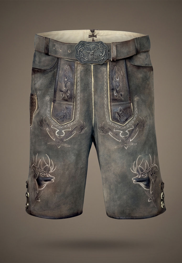 Maddox Lederhose Urgsee coffee: Stilvolle Lederhose in Grau mit aufwendigen Stickereien, Gürtelschlaufen und Knopfleiste. Frontansicht.