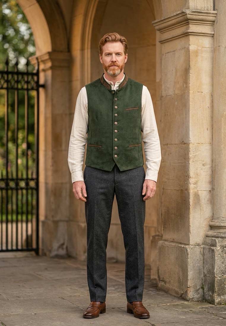 Orbis Trachtenweste Erich dunkelgrün: Frontansicht einer Trachtenweste in Dunkelgrün mit Knopfleiste und zwei Taschen, getragen von einem Mann.