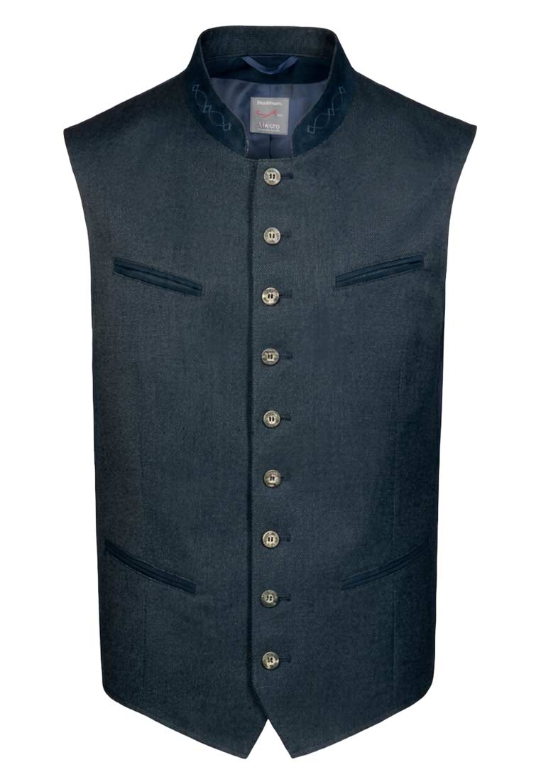 Gebr. Weis Trachtenweste Bodensee blau, Frontansicht einer blauen Trachtenweste mit silbernen Knöpfen und mehreren sichtbaren Taschen.