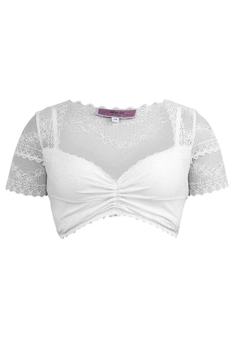 MarJo Trachten Dirndlbluse Bodenkirchen off white: Frontansicht einer kurzärmeligen, weißen Dirndlbluse mit Spitzendetails am Kragen und an den Ärmeln.