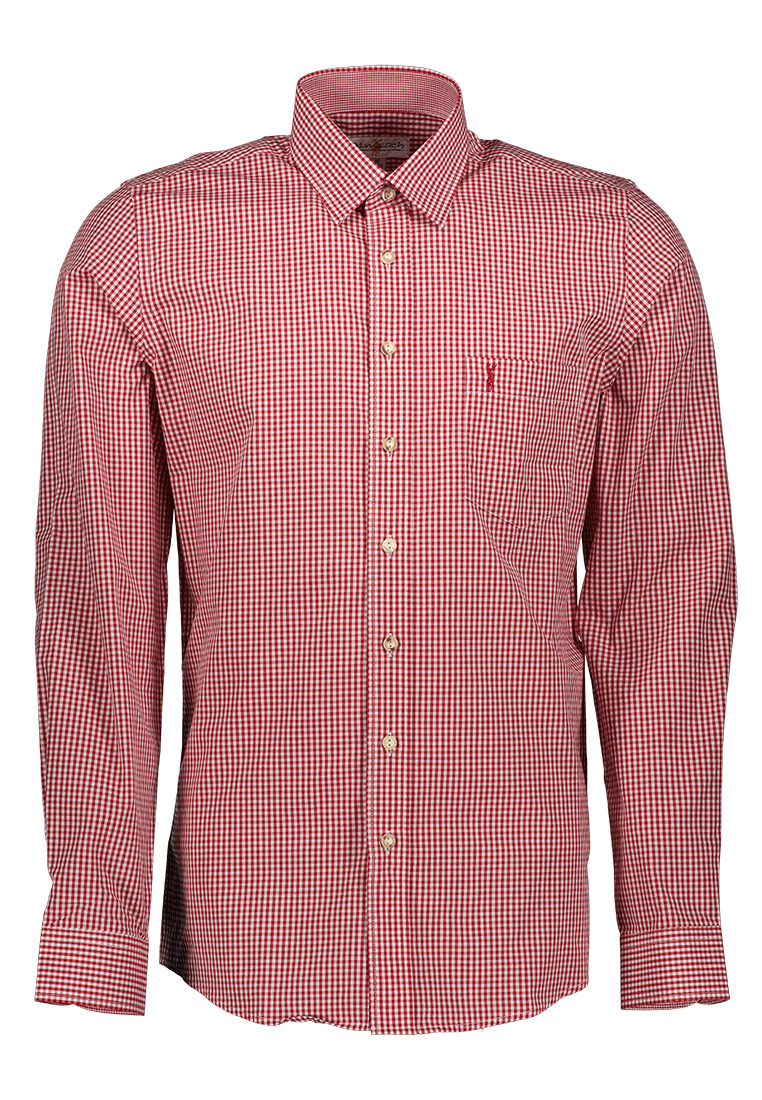 Almsach Trachtenhemd Karo rot SLIM FIT Frontansicht eines roten karierten Langarmhemdes mit einem Brusttaschen-Detail und weißen Knöpfen.