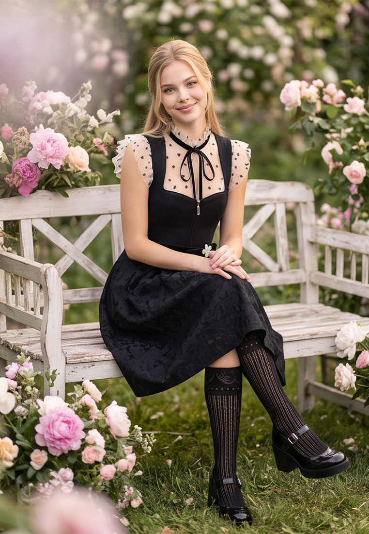 Frontansicht einer jungen Frau in einer schwarzen Dirndlbluse Juliette transparent mit schwarzen Blumen von my choice, mit Reißverschluss vorne und Puffärmeln.