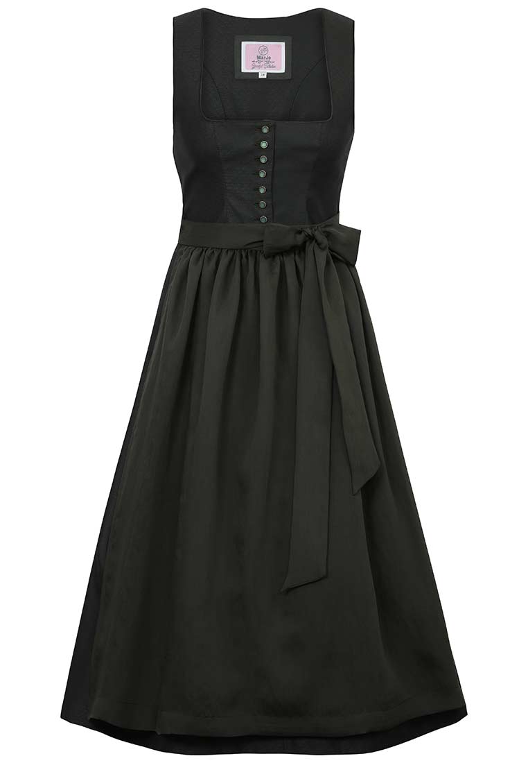 MarJo Trachten Dirndl Vordernberg dunkelgrün 65 cm, Frontansicht in Schwarz mit sichtbaren Knöpfen und einer Schleife.