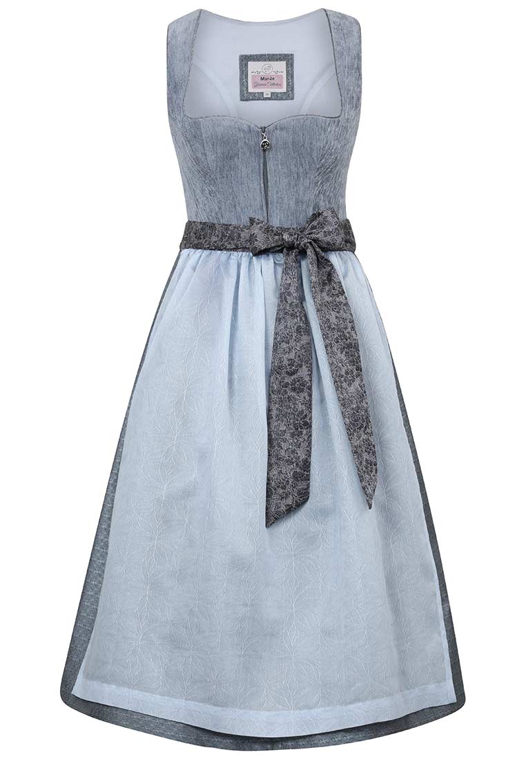 MarJo Trachten Dirndl Buchkirchen himmelblau 65 cm in Frontansicht mit Reissverschluss vorne und Band in Grau.