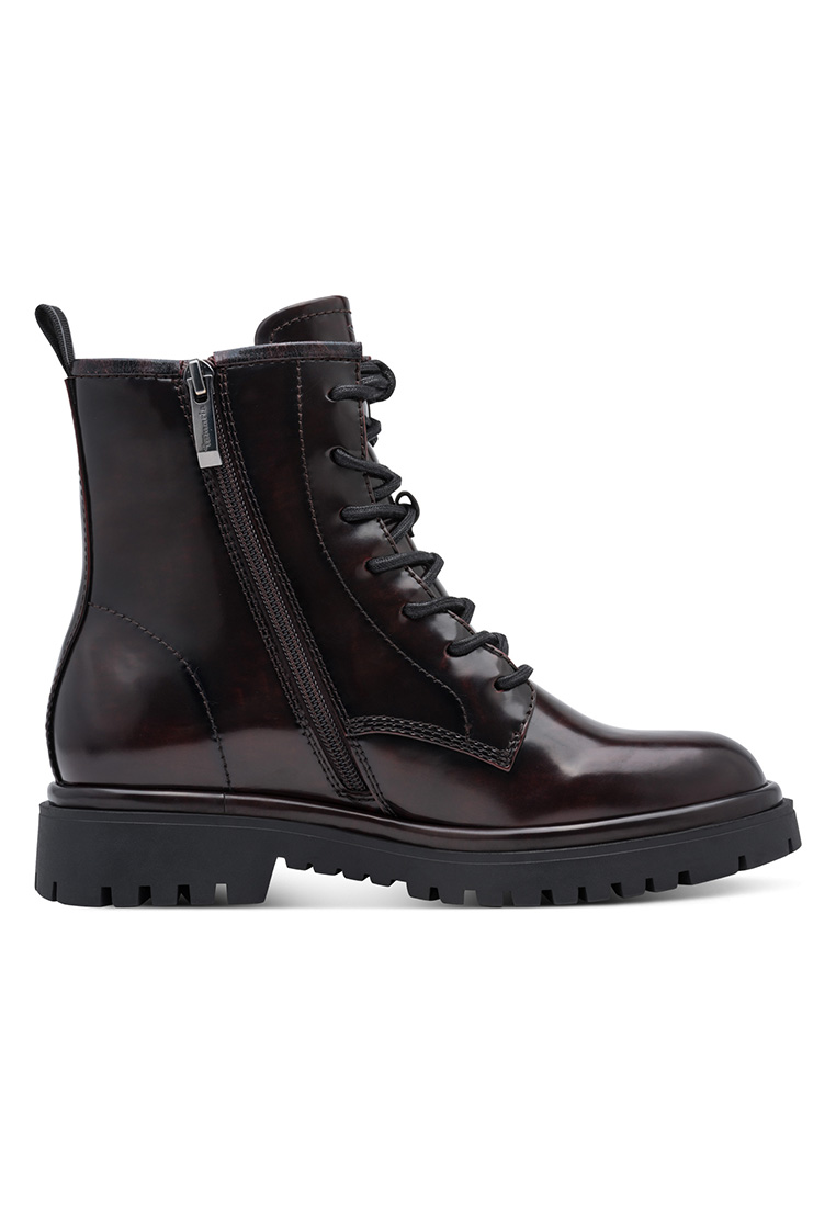 Tamaris Stiefelette Aria Bordeaux in dunklem Rot, Seitenansicht mit Schnürung und seitlichem Reißverschluss, mit profilierter Sohle.