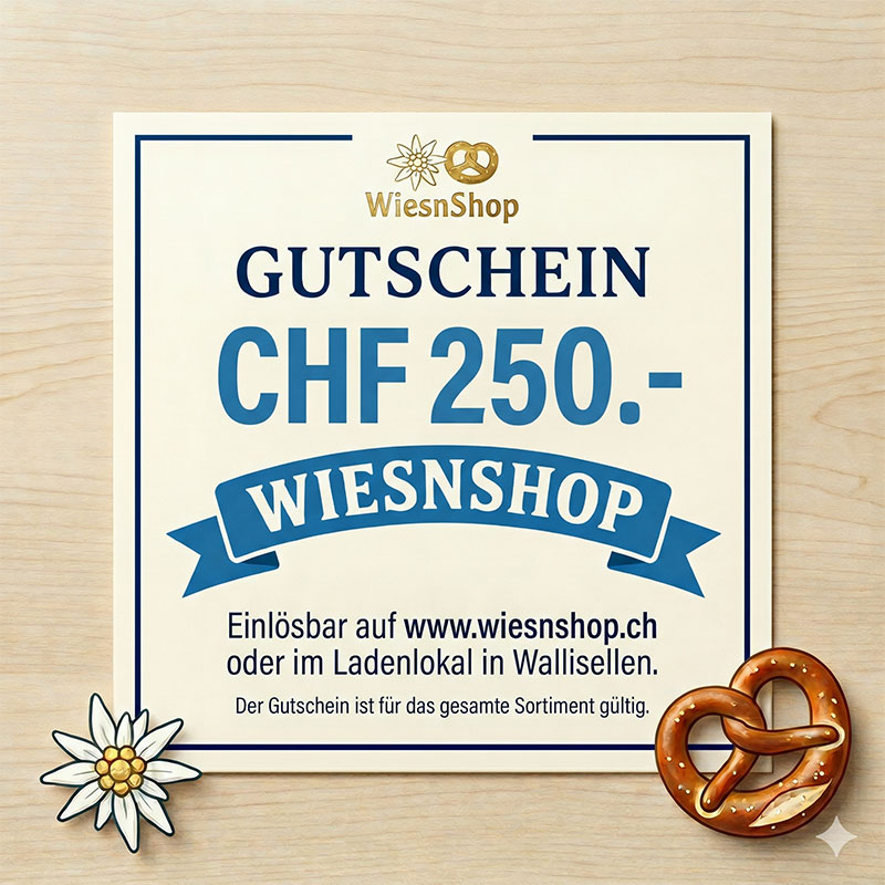 WiesnShop Gutschein CHF 250 im Frontansicht auf hellem Hintergrund mit Edelweiss und Brezel. Der Gutschein ist für das gesamte Sortiment gültig.