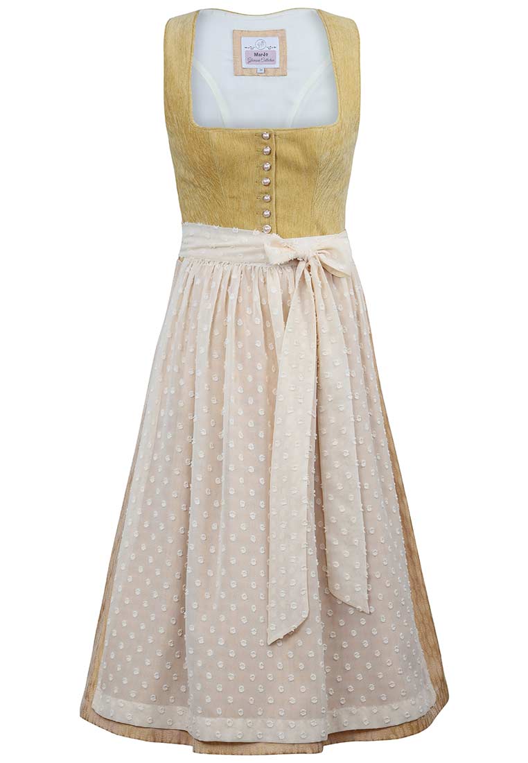 Marjo Dirndl Wolfersdorf in Safrangelb mit H-Ausschnitt und aufgesetzten Knöpfen, vorne, aus weichem Stoff.