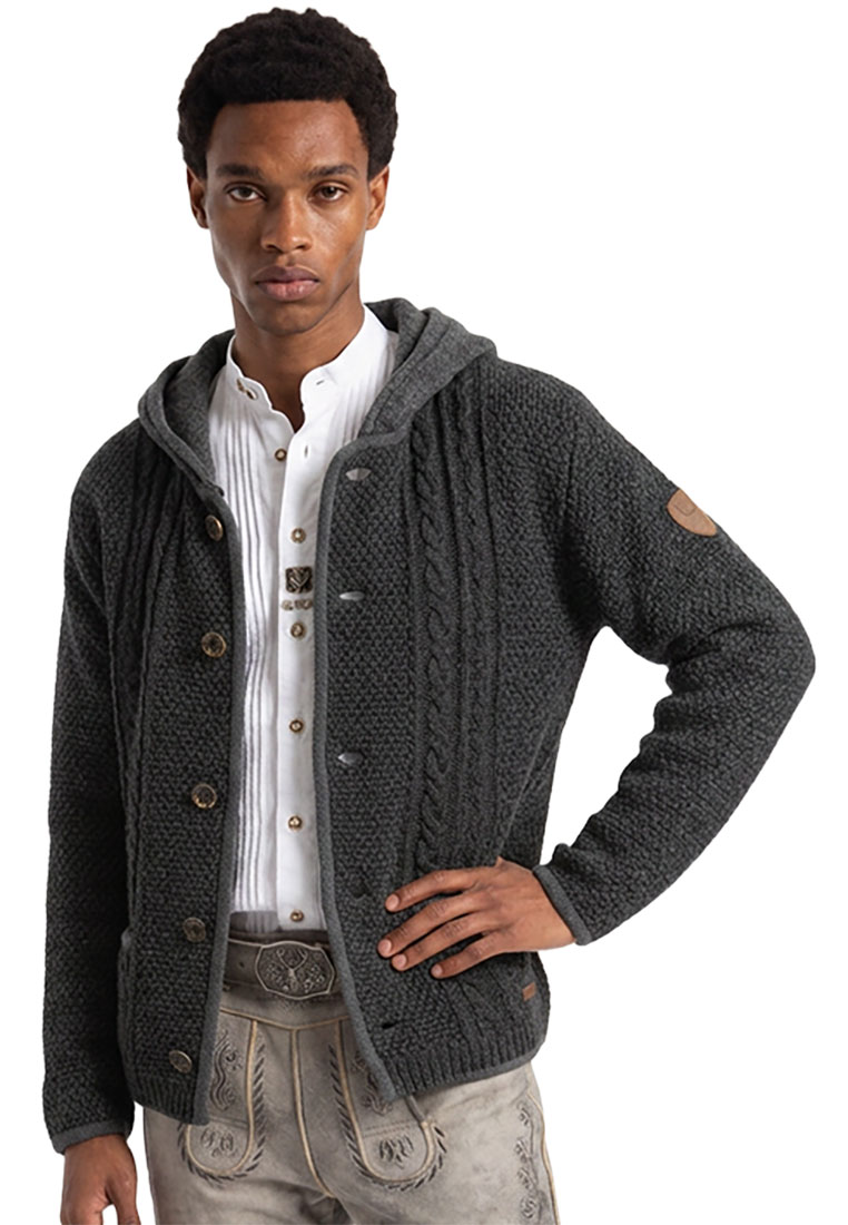 Stockerpoint Jacke Milan anthrazit, Frontansicht einer Herrenstrickjacke mit Kapuze in Anthrazit und Knopfleiste, ein stilvolles Kleidungsstück.