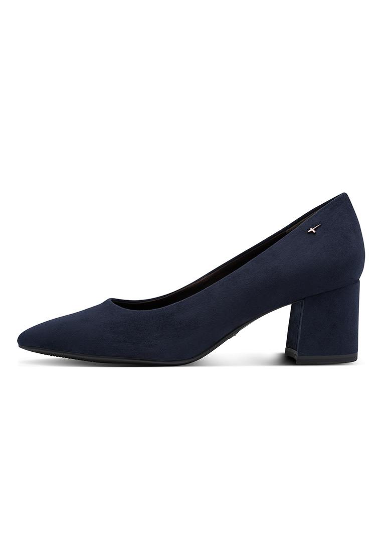Tamaris Pumps Monique dunkelblau, elegante Damenschuhe in Dunkelblau aus Veloursleder, Seitenansicht, mit Blockabsatz und spitzer Schuhkappe.