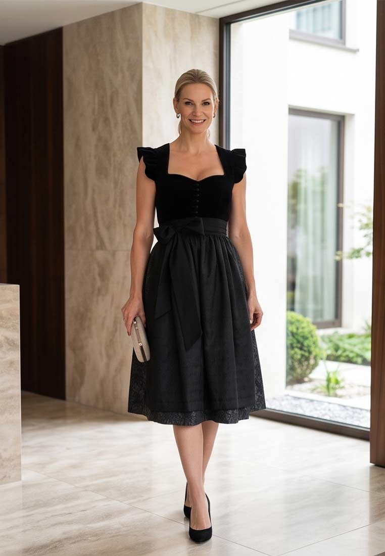Kaiseralm Dirndl Taminack schwarz 70 cm Frontansicht: Elegantes schwarzes Dirndl mit Herzausschnitt, kurzen Rüschenärmeln und gebundenem Gürtel. Der Rock hat einen zarten Besatz am Saum.