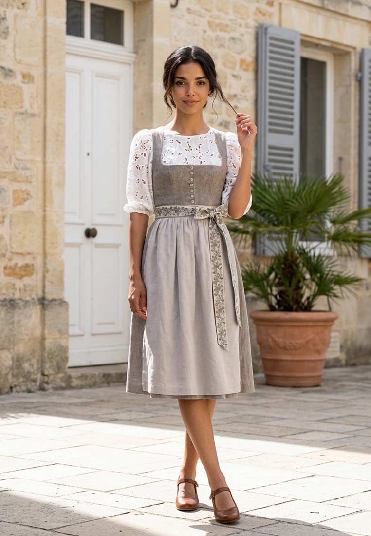 Marjo Dirndl Leopoldsdorf taupe 65 cm Frontansicht. Das Dirndl ist hellgrau mit einem taupefarbenen Mieder und hat eine Schnürung.