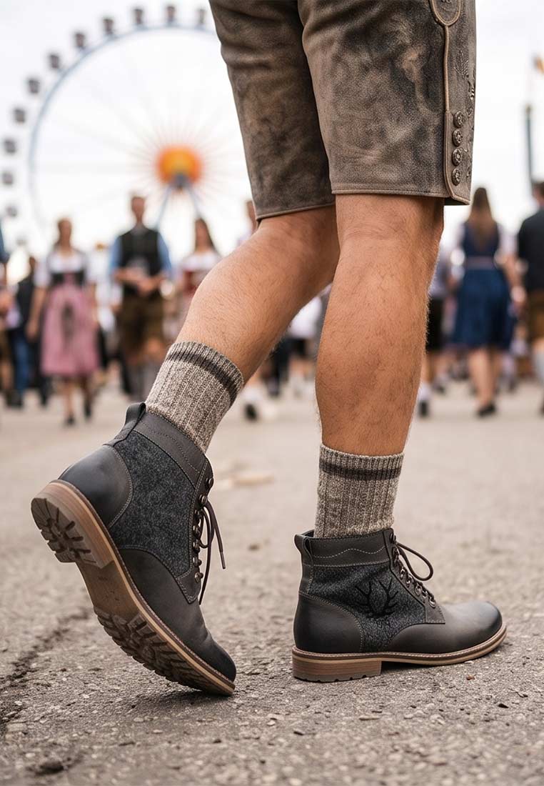 Krüger Trachtenstiefel pure coolness in Dunkelgrau und Braun. Frontansicht des Paares mit Schnürung und Absatz.