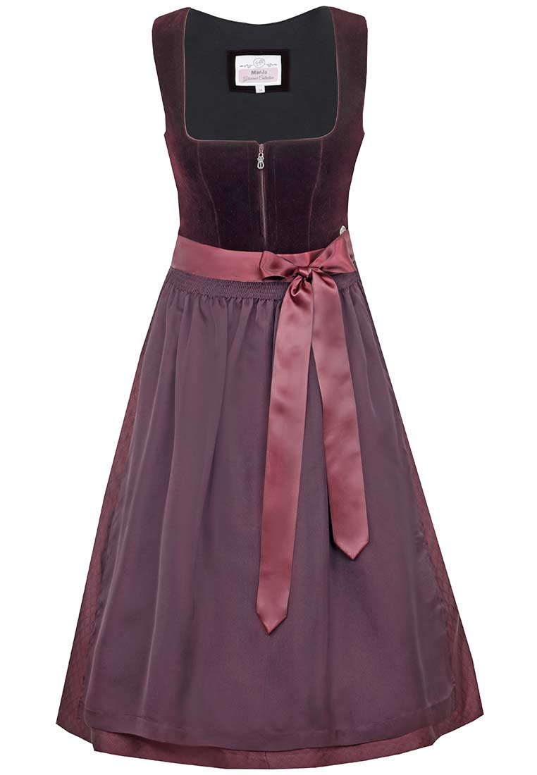 Marjo Dirndl Bidingen 70cm pflaume Frontansicht. Ein elegantes Dirndl aus samtigem Stoff in Pflaume mit passendem Schürzenband, das vorne gebunden ist.