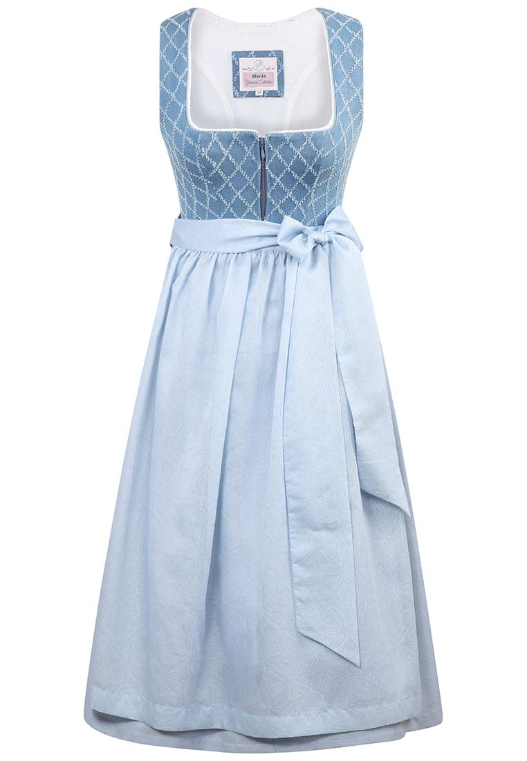 Marjo Dirndl Nebelberg himmelblau 70 cm im Frontansicht. Hochwertiges Dirndl mit dezenter Musterung auf Mieder und Rock, mit Reissverschluss vorne und Schleife.
