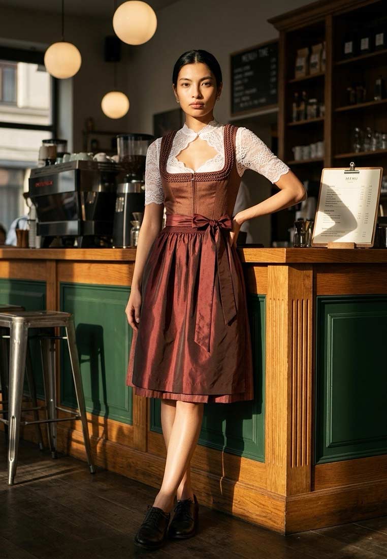 Trachten Deiser Dirndl Ria bordeaux 70 cm im Frontansicht. Das Dirndl ist bordeauxrot und hat eine schillernde Schürze sowie ein Mieder mit Schnürung und eine weiße Bluse.