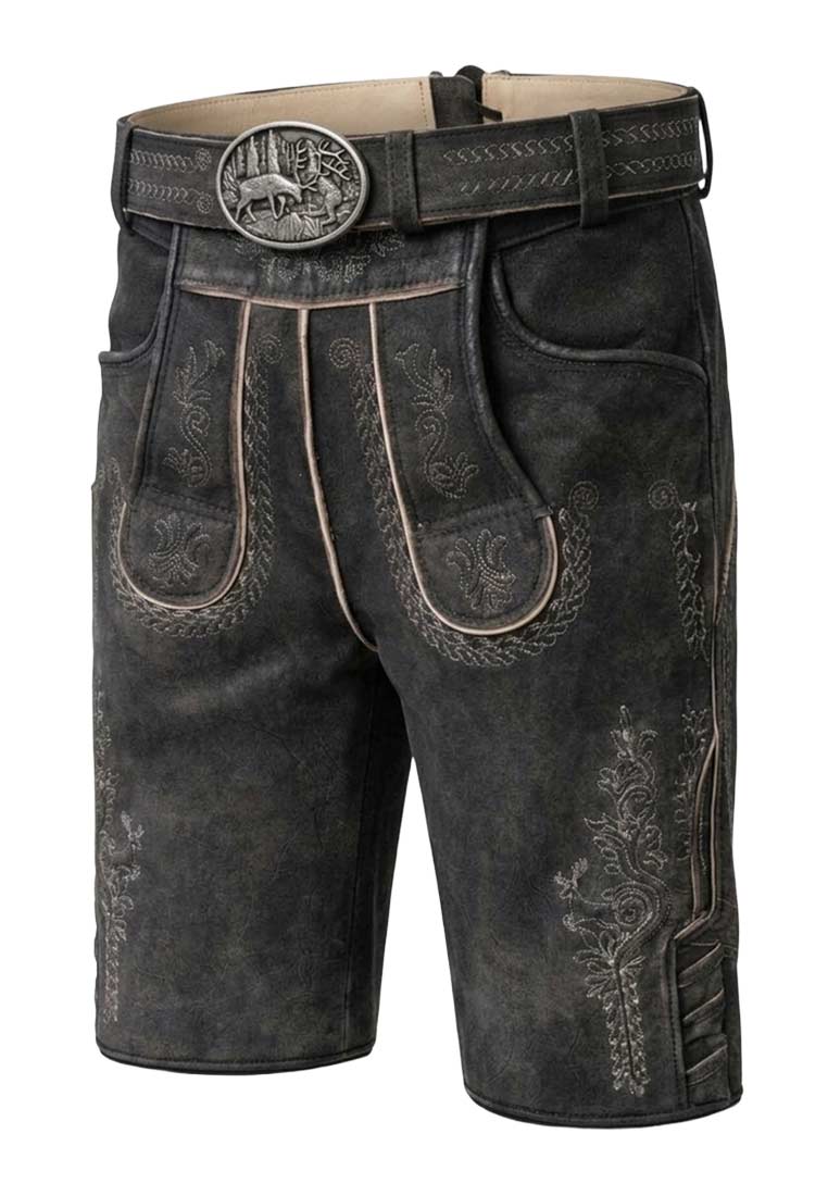 Gams Bock Lederhose Ederer Dark Forest, Frontansicht in dunklem Grau mit sichtbaren Taschen und Stickereien. Enthält einen Gürtel mit Hirschschnalle.