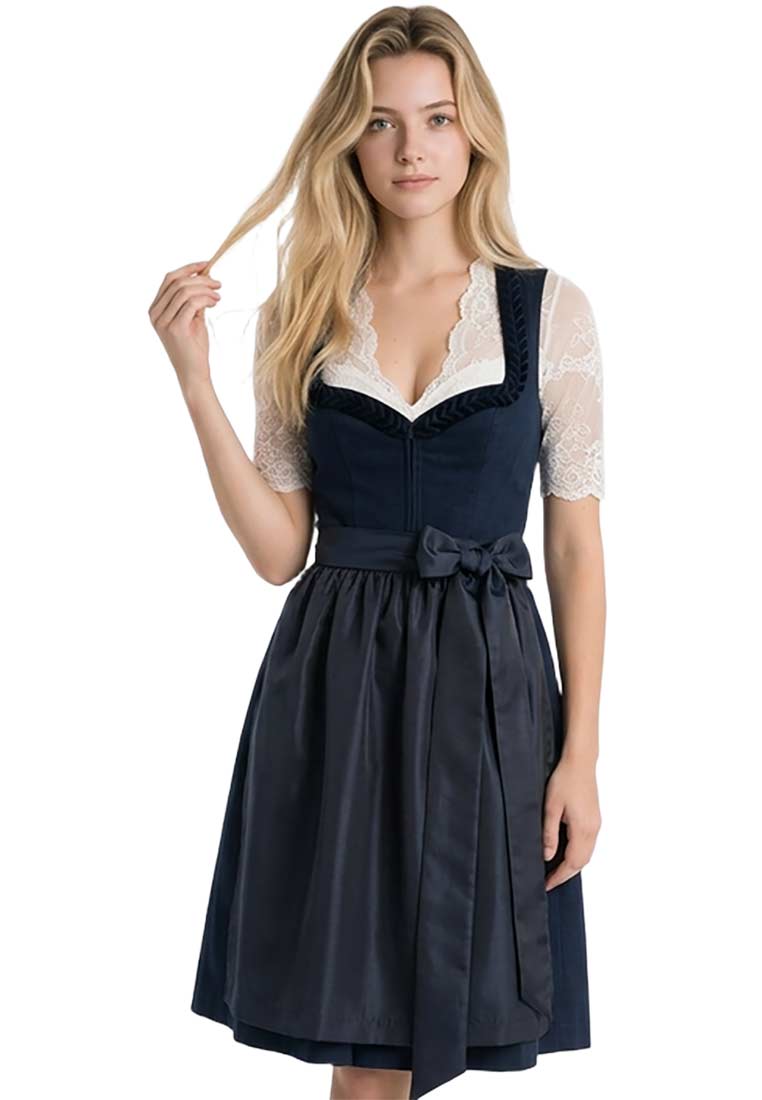 Trachten Deiser Dirndl Jasmina marine 70 cm, marinefarbenes Dirndl mit blauer Schürze und weißer Spitzenbluse, Frontansicht. Elegantes Dirndl mit dezentem Schnitt und Schleife am Bund.