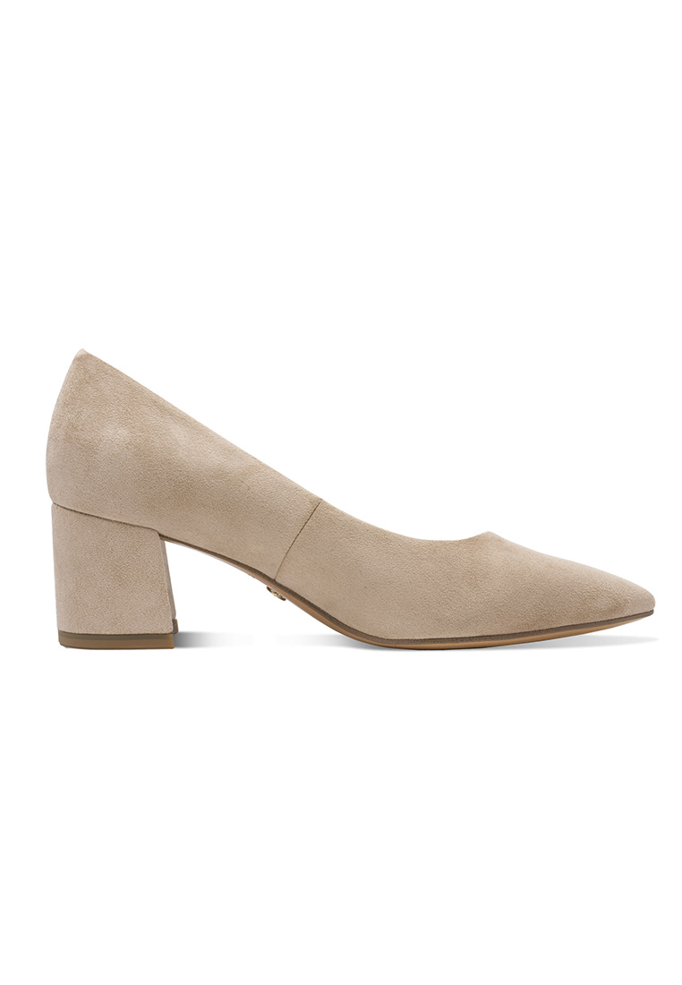 Tamaris Pumps Monique Pumps in Beige aus Wildleder, Seitenansicht. Ein stilvoller Schuh mit Blockabsatz und spitzer Kappe.