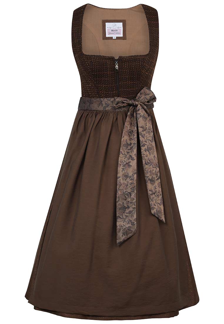 MarJo Trachten Brunnenthal dunkelbraun 65 cm Trachtenkleid, Frontansicht, dunkelbraun, mit Reißverschluss vorne und einem gebundenen Schürzenband mit Blumenmuster.