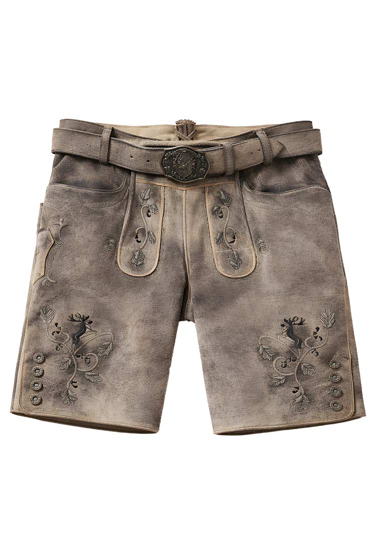 Maddox Lederhose Haldensee Buche in Graubraun, Frontansicht. Die Hose hat einen klassischen Schnitt mit Gürtelschlaufen, seitlichen Taschen und Knöpfen am Beinabschluss.
