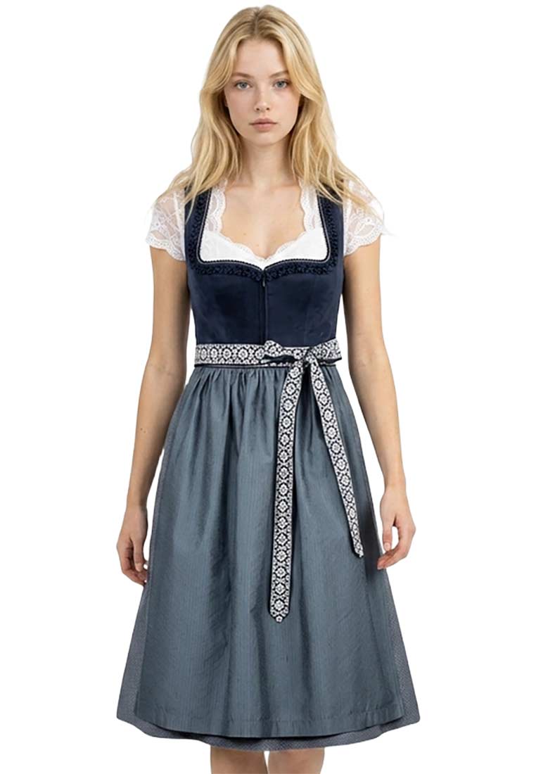 MarJo Trachten Dirndl Reichenfels dunkelblau 65 cm in Frontansicht. Das Dirndl ist dunkelblau und grau mit einem karierten Schürzenband.