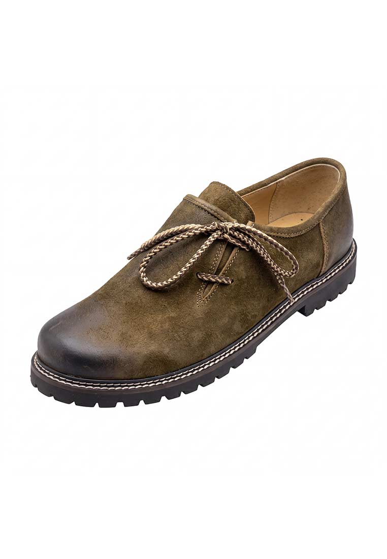 Maddox Haferlschuhe Maddox in Grün im Seitenprofil mit Schnürung und robuster Sohle. Hochwertige Verarbeitung.