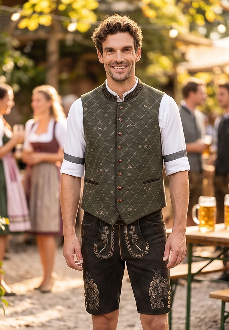 Gweih&Silk Lederhose Jerry dunkelbraun Frontansicht. Klassische Lederhose mit Stickereien und Knöpfen an den Beinabschlüssen. Hochwertige Trachtenhose.