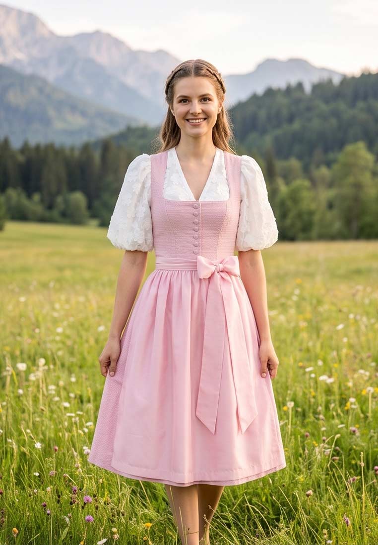 Waldorff Dirndlbluse Amber in Rosa, Frontansicht. Hochwertige Dirndlbluse mit Knöpfen und Schleife, perfekt für festliche Anlässe.