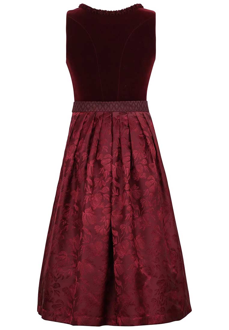 MarJo Trachten Dirndl Rabenstein bordeaux, Frontansicht. Elegantes Dirndl in bordeauxrot mit gemustertem Rock und Sam-Oberteil.