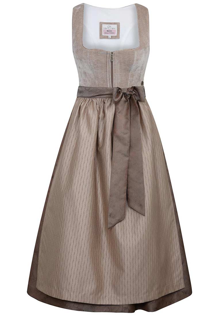 MarJo Trachten Dirndl Ottenschlag taupe 65 cm, Frontansicht dieses eleganten Dirndls in taupe mit einem durchgehenden Reissverschluss und einer aufgesetzten Schürze.