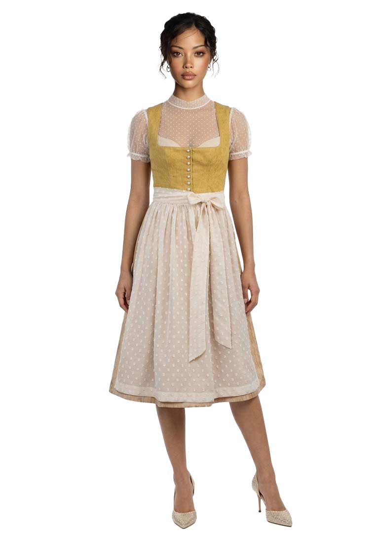 Marjo Dirndl Wolfersdorf safrangelb 65 cm, Frontansicht. Das Dirndl hat ein safrangelbes Oberteil mit Knopfleiste und einen hellen Rock mit dezenter Musterung.