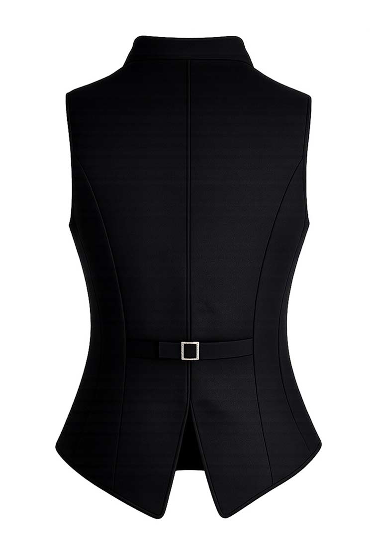 Hangowear Damengilet Jamila schwarz, Rückansicht eines stilvollen schwarzen Gilets mit verstellbarem Bund und Schnalle.