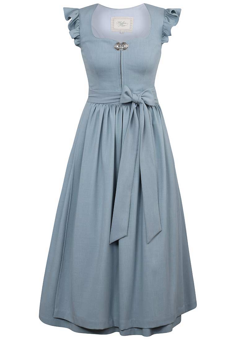 Madame Marie Dirndl Meliora in Himmelsblau, Frontansicht. Stilvolles Dirndl mit schwingendem Rockteil und moderner Schnürung.