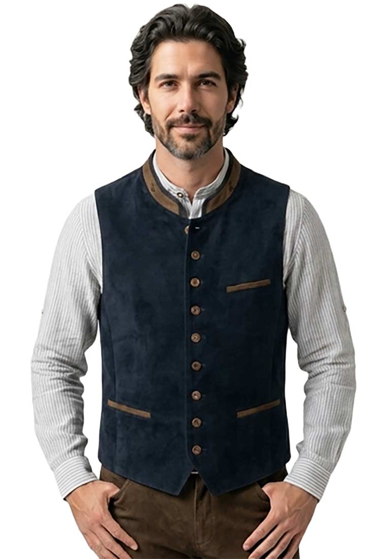 Orbis Trachtenweste Erich dunkelblau: Frontansicht einer dunkelblauen Trachtenweste aus Leder mit Knopfleiste und zwei aufgesetzten Taschen.