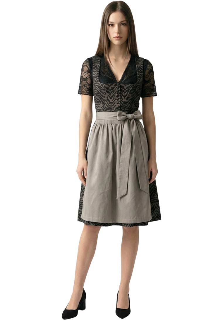 Kaiseralm Dirndl Animal Print 70 cm, Frontansicht in Schwarz und Grau, mit V-Ausschnitt und Schürze mit Schleife.