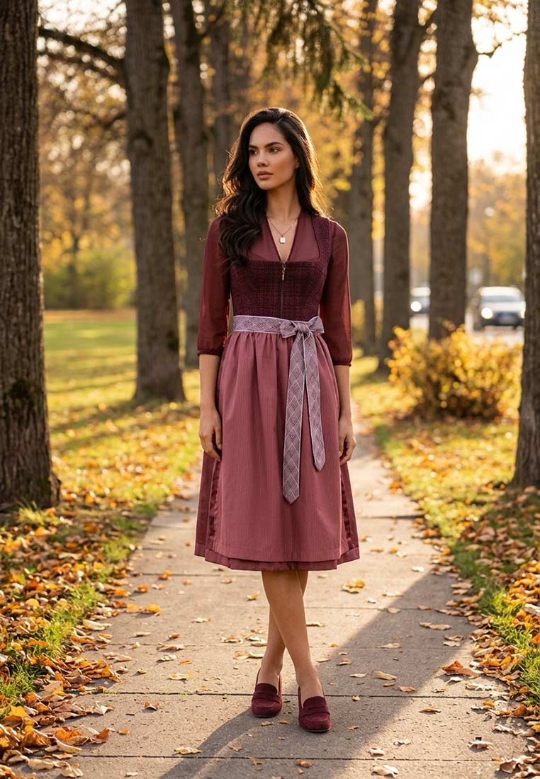 Frontansicht des MarJo Trachten Dirndl Röthlein in Bordeaux mit einem gesteppten Mieder und einer Schürze. Das Dirndl hat einen durchgehenden Reissverschluss vorne.