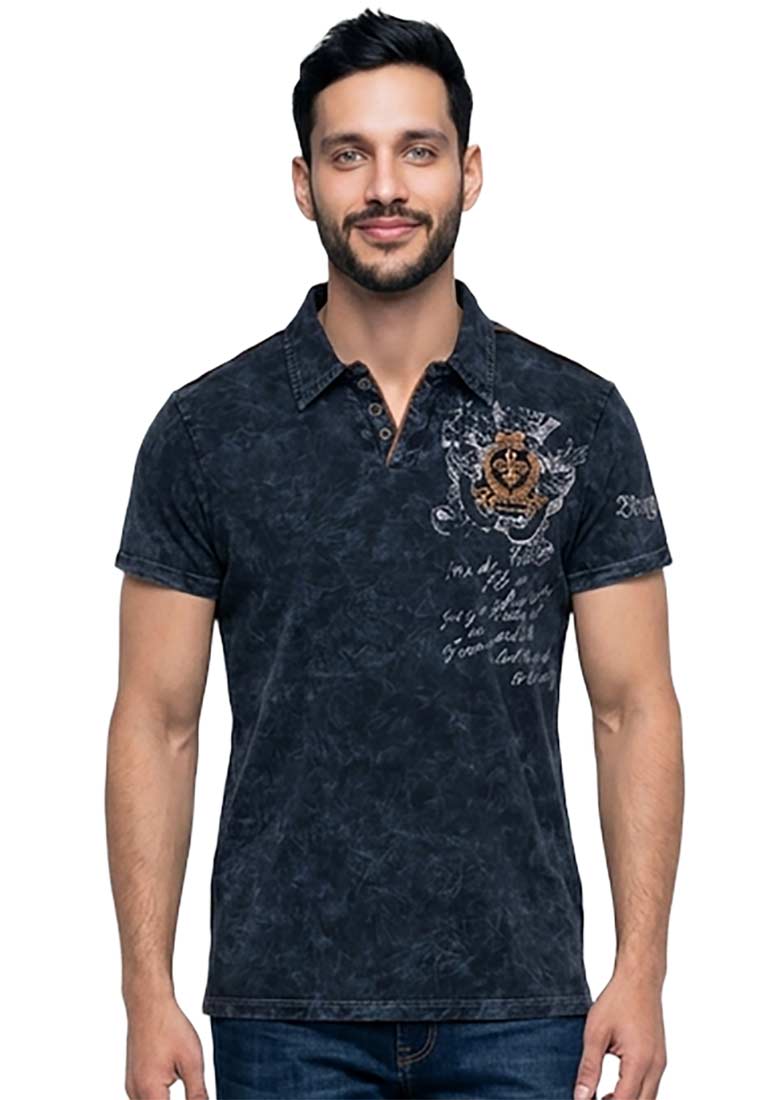 Hangowear T-Shirt York dunkelblau mit Knopfleiste und Frontprint, Frontansicht in Dunkelblau.