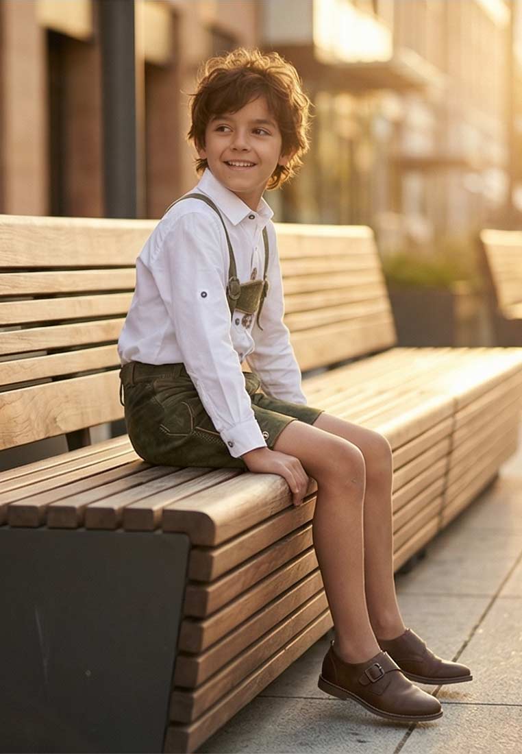Isar Trachten Kinderlederhose Schiefer, Seitenansicht. Die Hose ist schieferfarben und hat sichtbare Gesäßtaschen und Bund. Ein Kind sitzt auf einer Bank.