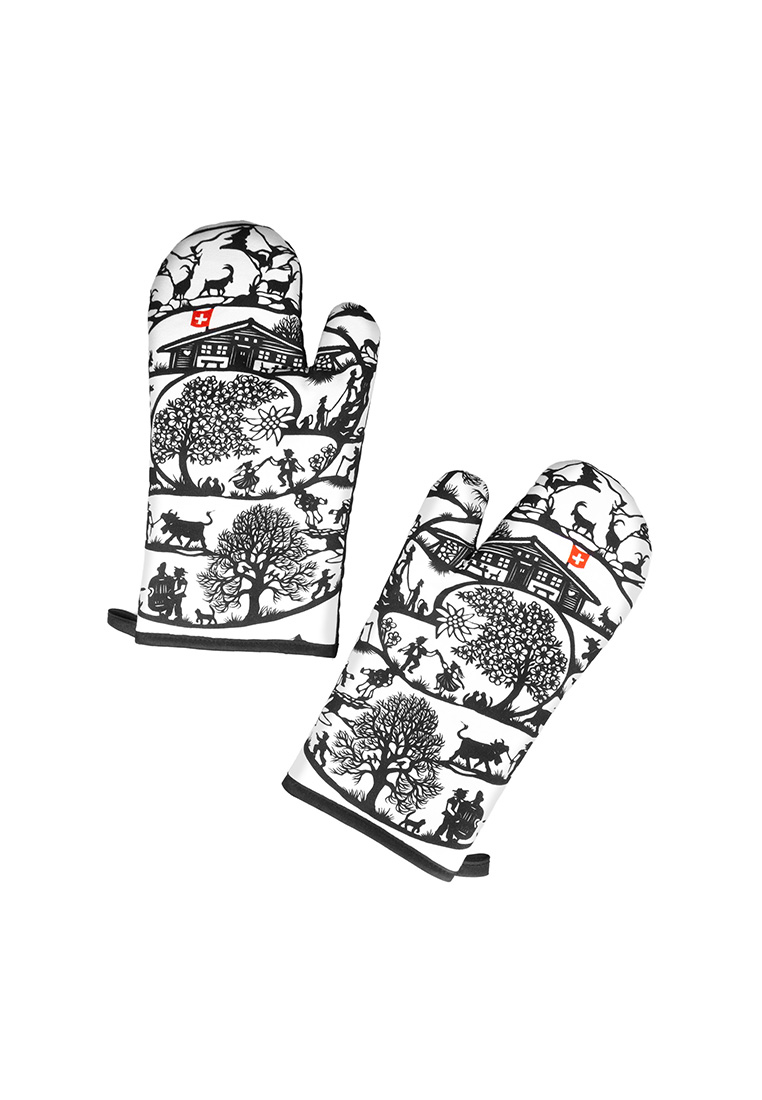 Trendform Ofenhandschuhe SWISS TRADITION im 2er Set, Frontansicht in Weiß und Schwarz mit traditionellem Schweizer Motiv und einer Schlaufe.