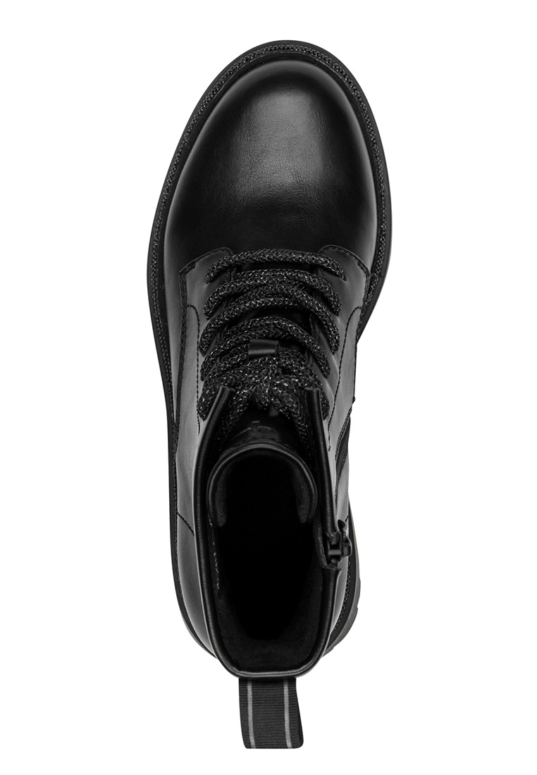 Tamaris Stiefelette Black Glam, eine schwarze Schnürstiefelette mit seitlichem Reißverschluss und sichtbaren Schnürsenkeln, Frontansicht.
