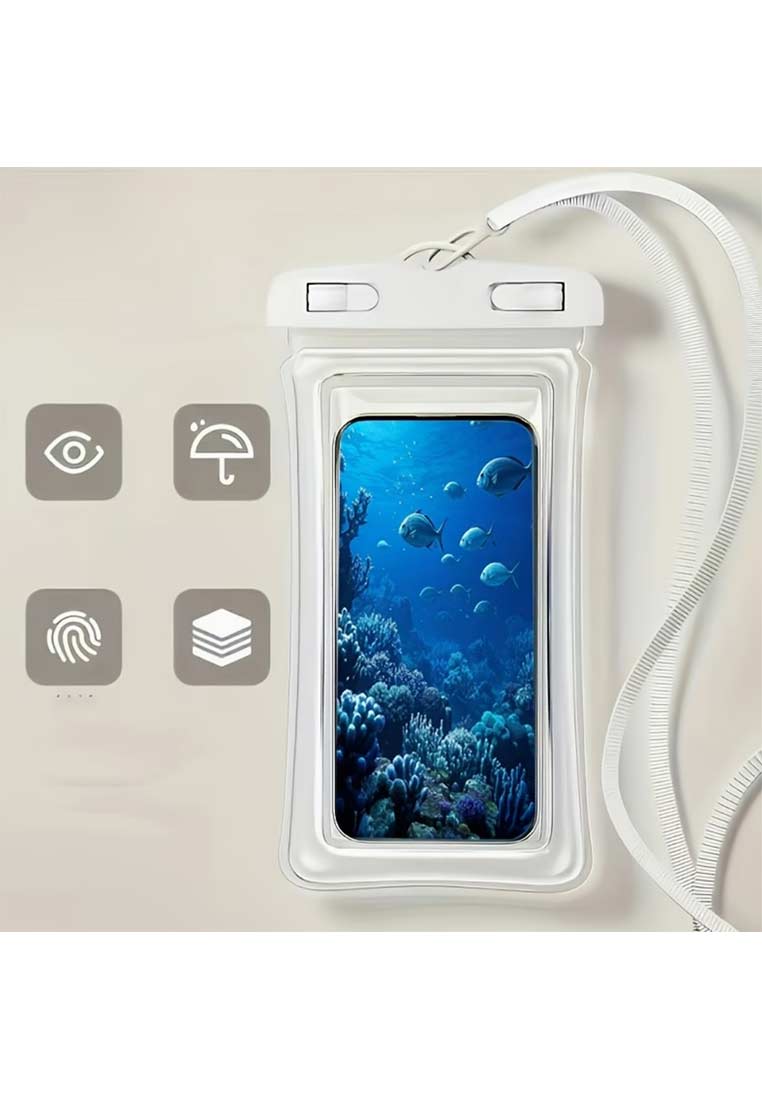 Home sweet Home wasserdichte Handyhülle in Weiß mit Umhängeband und sicherem Verschluss, Frontansicht mit Telefonanzeige von Korallen und Fischen.