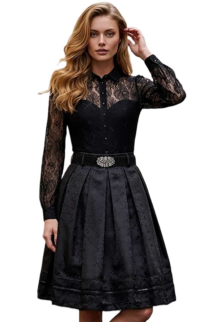 Marjo Trachtenrock Eleana, Frontansicht, schwarz, mit Falten und dezentem Muster.