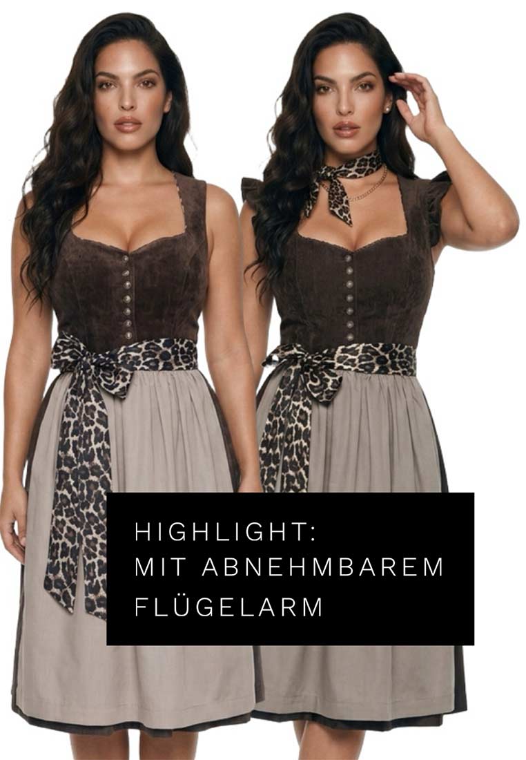 MarJo Trachten Dirndl Leo dunkelbraun 65 cm in Frontansicht mit sichtbaren Knöpfen und abnehmbaren Flügelärmeln.