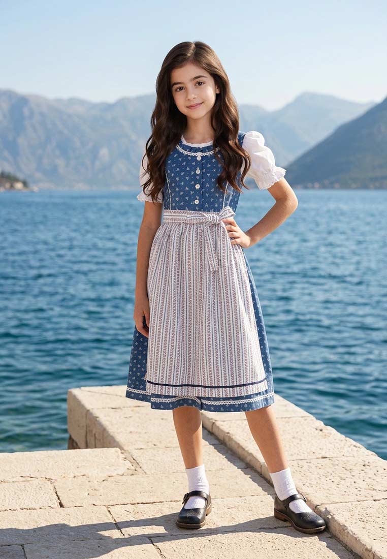Isar Trachten Kinderdirndl Claire blau Frontansicht. Das blaue Kinderdirndl hat einen bedruckten Oberstoff und eine gestreifte Schürze mit weißem Bund.