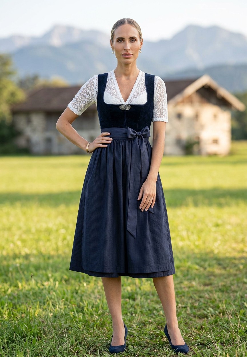MarJo Trachten Dirndl Mönchsroth marine 70cm in Frontansicht, ein elegantes Dirndl aus marineblauem Stoff mit gestreifter Schürze und weißer Bluse, das Modell trägt es im Freien.