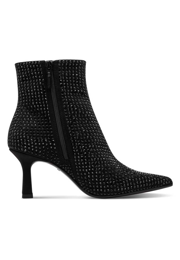 Tamaris Trachtenstiefel black glam: elegante schwarze Stiefeletten mit Reißverschluss und spitzer Zehenpartie, seitliche Ansicht. Hochwertig und stilvoll.